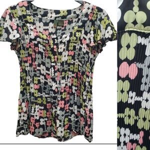 Sere Nade Top Shirt Womens Large Black Pastel Floral Square Neck Button Up